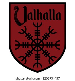 The ancient European esoteric sign - the Helm of Awe, inscription Valhalla and Heraldic shield, isolated on white, vector illustration