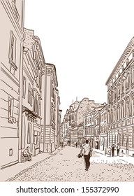 The ancient European foot street paved by a stone blocks. Vector sketch.