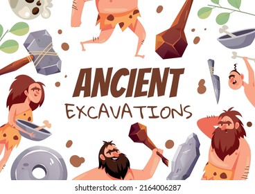 Ancient excavation stone age civilization dinosaur banner background concept. Vector cartoon graphic design illustration
