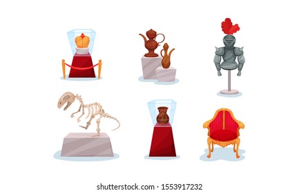 Ancient Exhibits of the Historical Museum Vector Illustration Set Isolated On White Background