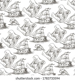 Ancient explorations, journeys and discoveries seamless pattern. Ship with sails, map on parchment paper, destination of sailors. Ancient history. Monochrome sketch outline, vector in flat style