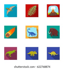 Ancient extinct animals and their tracks and remains. Dinosaurs, tyrannosaurs, pnictosaurs.Dinisaurs and prehistorical icon in set collection on flat style vector symbol stock illustration.