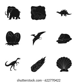 Ancient extinct animals and their tracks and remains. Dinosaurs, tyrannosaurs, pnictosaurs. prehistorical icon in set collection on black style vector symbol stock illustration.
