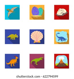 Ancient extinct animals and their tracks and remains. Dinosaurs, tyrannosaurs, pnictosaurs.Dinisaurs and prehistorical icon in set collection on flat style vector symbol stock illustration.