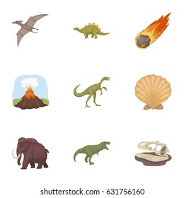 Ancient extinct animals and their tracks and remains. Dinosaurs, tyrannosaurs, pnictosaurs.Dinisaurs and prehistorical icon in set collection on cartoon style vector symbol stock illustration.