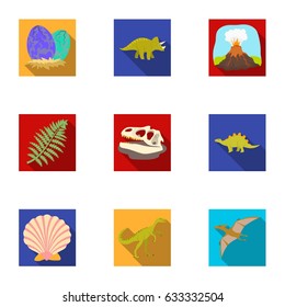 Ancient extinct animals and their tracks and remains. Dinosaurs, tyrannosaurs, pnictosaurs.Dinisaurs and prehistorical icon in set collection on flat style vector symbol stock illustration.