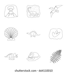 Ancient extinct animals and their tracks and remains. Dinosaurs, tyrannosaurs, pnictosaurs.Dinosaurs and prehistorical icon in set collection on outline style vector symbol stock illustration.