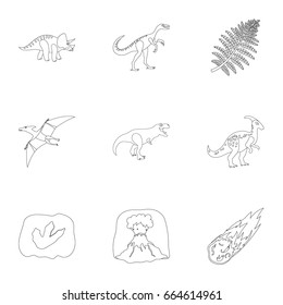 Ancient extinct animals and their tracks and remains. Dinosaurs, tyrannosaurs, pnictosaurs.Dinisaurs and prehistorical icon in set collection on outline style vector symbol stock illustration.