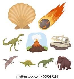 Ancient extinct animals and their tracks and remains. Dinosaurs, tyrannosaurs, pnictosaurs.Dinisaurs and prehistorical icon in set collection on cartoon style vector symbol stock illustration.