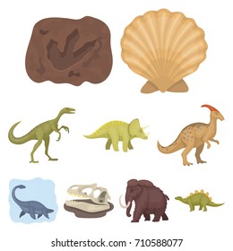 Ancient extinct animals and their tracks and remains. Dinosaurs, tyrannosaurs, pnictosaurs.Dinisaurs and prehistorical icon in set collection on cartoon style vector symbol stock illustration.