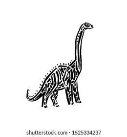 Ancient extinct jurassic brachiosaurus dinosaur vector illustration ink painted, hand drawn grunge prehistoric reptile, black isolated silhouette on white background.