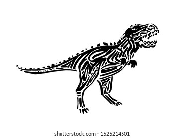 Ancient extinct jurassic carnotaurus dinosaur vector illustration ink painted, hand drawn grunge prehistoric t-rex reptile, black isolated rex silhouette on white background.