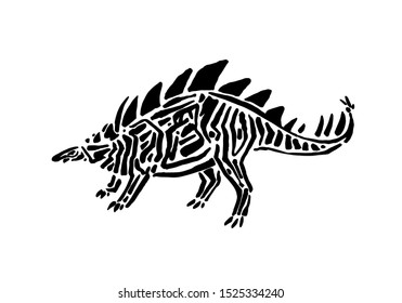 Ancient extinct jurassic hesperosaurus dinosaur vector illustration ink painted, hand drawn grunge prehistoric reptile, black isolated silhouette on white background.