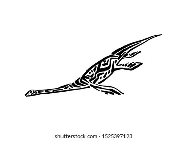 Ancient extinct jurassic plesiosaurus dinosaur vector illustration ink painted, hand drawn grunge prehistoric aquatic reptile, black isolated silhouette on white background.