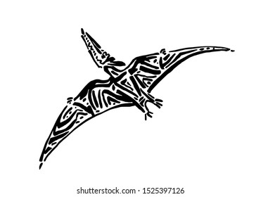 Ancient extinct jurassic pterodactyl dinosaur vector illustration ink painted, hand drawn grunge prehistoric flying pterosaur reptile, black isolated silhouette on white background.