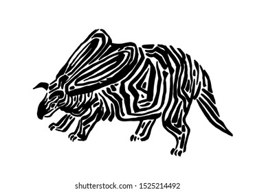 Ancient extinct jurassic torosaurus dinosaur vector illustration ink painted, hand drawn grunge prehistoric reptile, black isolated silhouette on white background.