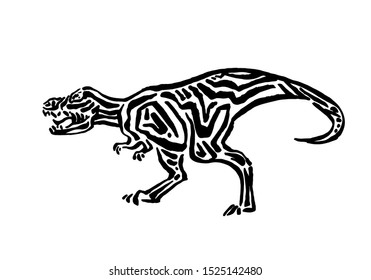 Ancient extinct jurassic t-rex dinosaur vector illustration ink painted, hand drawn grunge prehistoric tyrannosaur rex reptile, black isolated silhouette on white background.