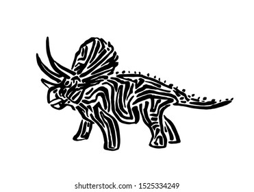 Ancient extinct jurassic triceratops dinosaur vector illustration ink painted, hand drawn grunge prehistoric reptile, black isolated silhouette on white background.