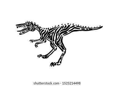 Ancient extinct jurassic velociraptor dinosaur vector illustration ink painted, hand drawn grunge prehistoric reptile, black isolated raptor silhouette on white background.