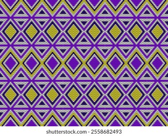 An ancient fabric pattern that resembles embroidery or yarn knitting, in seamless vector, in purple and yellow tone