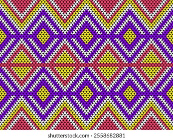 An ancient fabric pattern that resembles embroidery or yarn knitting, in seamless vector, in purple, red and yellow tone