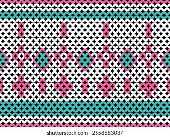 An ancient fabric pattern that resembles embroidery or yarn knitting, in seamless vector, in pink, green and white tone