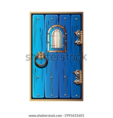 An ancient fabulous door with a window and wrought iron handles. The door is painted blue with gold metal decorations. Fairy tale door to a magical land. Vector illustration.