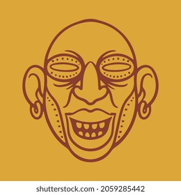 Ancient face mask tribal maya flat vector illustration on yellow background. Cartoon aztec mask on head, ancient face mask