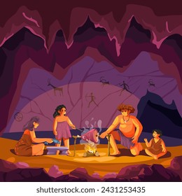 Ancient family in cave. Prehistoric couple at campfire fire inside stone hut with primitive painting neanderthal survival people paleolithic history vector illustration of prehistoric primitive age