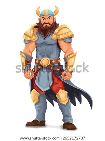ancient fantasy warrior with stern face standing threatening pose in armor and with weapon cartoon vector illustration isolated on white background