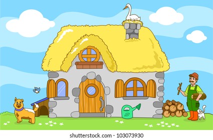 Ancient farm with farmer and cute animals: a cat, a dog, a tiny bird and a stork. Cartoon vector for children.