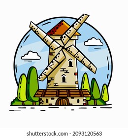 Ancient farm medieval building. Mill for making flour from grain. Farming environment. Agriculture windmill made of bricks. Outline cartoon town
