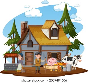 Ancient farmhouse with people on white background illustration