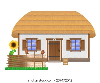 Ancient Farmhouse With A Thatched Roof Vector Illustration Isolated On White Background