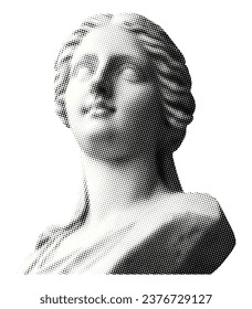 ancient female bust sculpture isolated on white background in retro grunge halftone dotted texture vintage cut out black white collage element for mixed media design