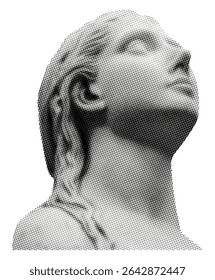 ancient female statue head looks upward isolated on white background marble sculpture halftone vintage black dots texture cut-out retro collage element for mixed media design pop art object