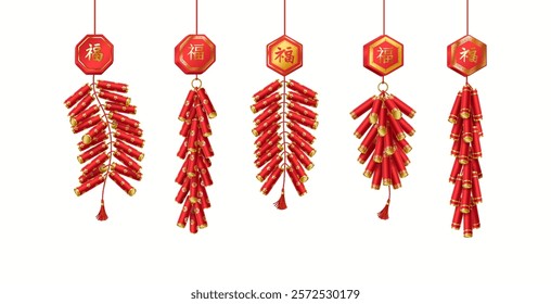 Ancient festive Chinese firecrackers with pendants realistic color icons set. Asian festival celebration attributes 3d objects bundle on white. inscription on the badge is “Luck”