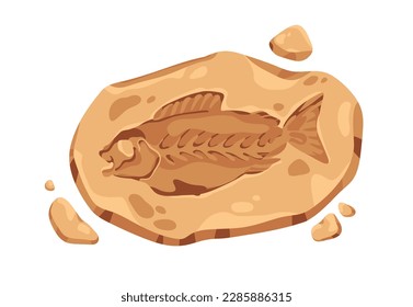 Ancient fish silhouette, imprint on fossil stone. Archeology art, old rock with organic fossilized footprint, trace. Prehistoric remains. Flat cartoon vector illustration isolated on white background
