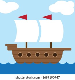 An ancient flat vector ship is sailing across the water