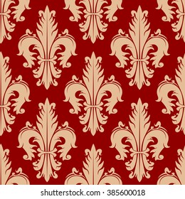 Ancient fleur-de-lis red pattern with seamless ornament of victorian floral elements. Heraldic design for vintage interior, fabric or wallpaper