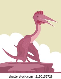 Ancient flying large pangolin pterosaur on top of a rock. Predatory dinosaur of the Jurassic period. Prehistoric animal. Vector illustration