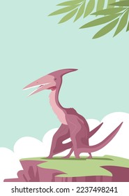 Ancient flying large pangolin pterosaur on top of a rock. Predatory dinosaur pteranodon of the Jurassic period. Prehistoric animal. Cartoon vector illustration