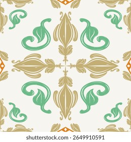 Ancient Foliage Elaborate Royal Scroll Ornament Seamless Embroidery Filigree Repeat Pattern with Gold Green Brown on White Background. Classical Baroque Medieval for Interior Carpet Tiles Textile Lace