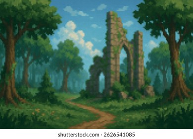 Ancient forest ruins with a broken arch, surrounded by green trees and overgrown plants. A quiet, forgotten pixel world full of mystery.