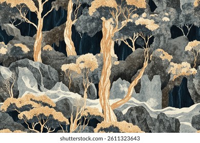 Ancient forest with trees blending in with the rocky cliffs and winding streams, their bark like the stone walls.Tree forest camouflage seamless pattern design pattern for hunting and military uniform