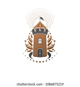 Ancient Fort emblem. Heraldic Coat of Arms decorative logo isolated vector illustration. Ornate logotype in old style on white background.