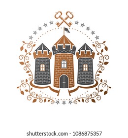 Ancient Fort emblem. Heraldic Coat of Arms decorative logo isolated vector illustration. Antique logotype in old style on white background.