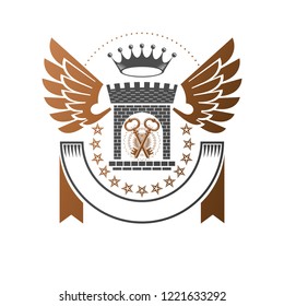Ancient Fort emblem. Heraldic Coat of Arms decorative logo isolated vector illustration. Antique logotype in old style on white background.