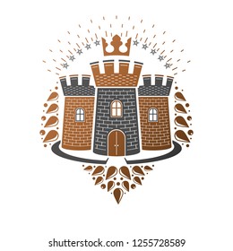 Ancient Fort emblem. Heraldic Coat of Arms decorative logo isolated vector illustration. Retro logotype in old style on white background.