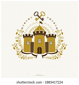 Ancient Fort emblem. Heraldic Coat of Arms decorative logo isolated vector illustration. Retro logotype in old style on white background.